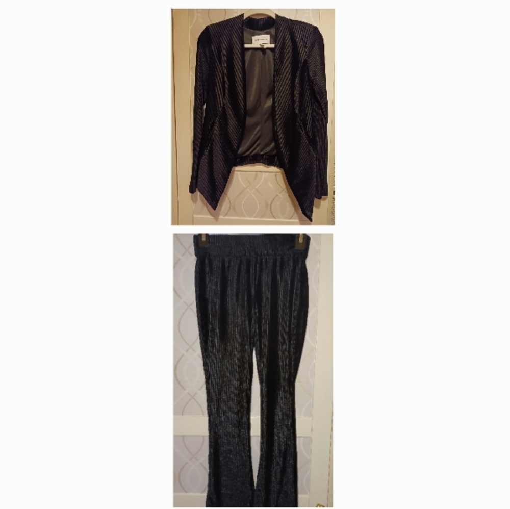 NWOT BCBG Shiny Ribbed Tuxedo Jacket + Pull-On Pants Set